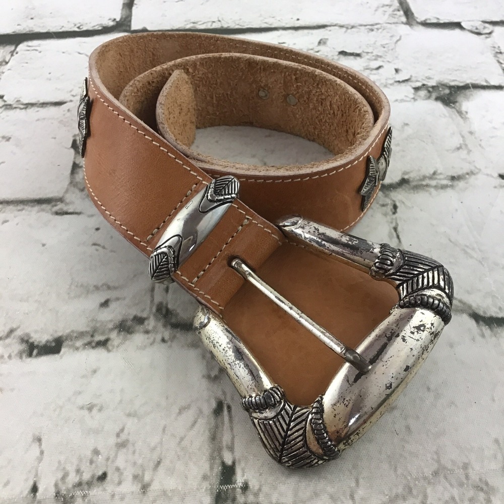 Womens Sz S Belt Western‎ Silver-Tone Buckle Studded Rodeo Tan Faux Leather